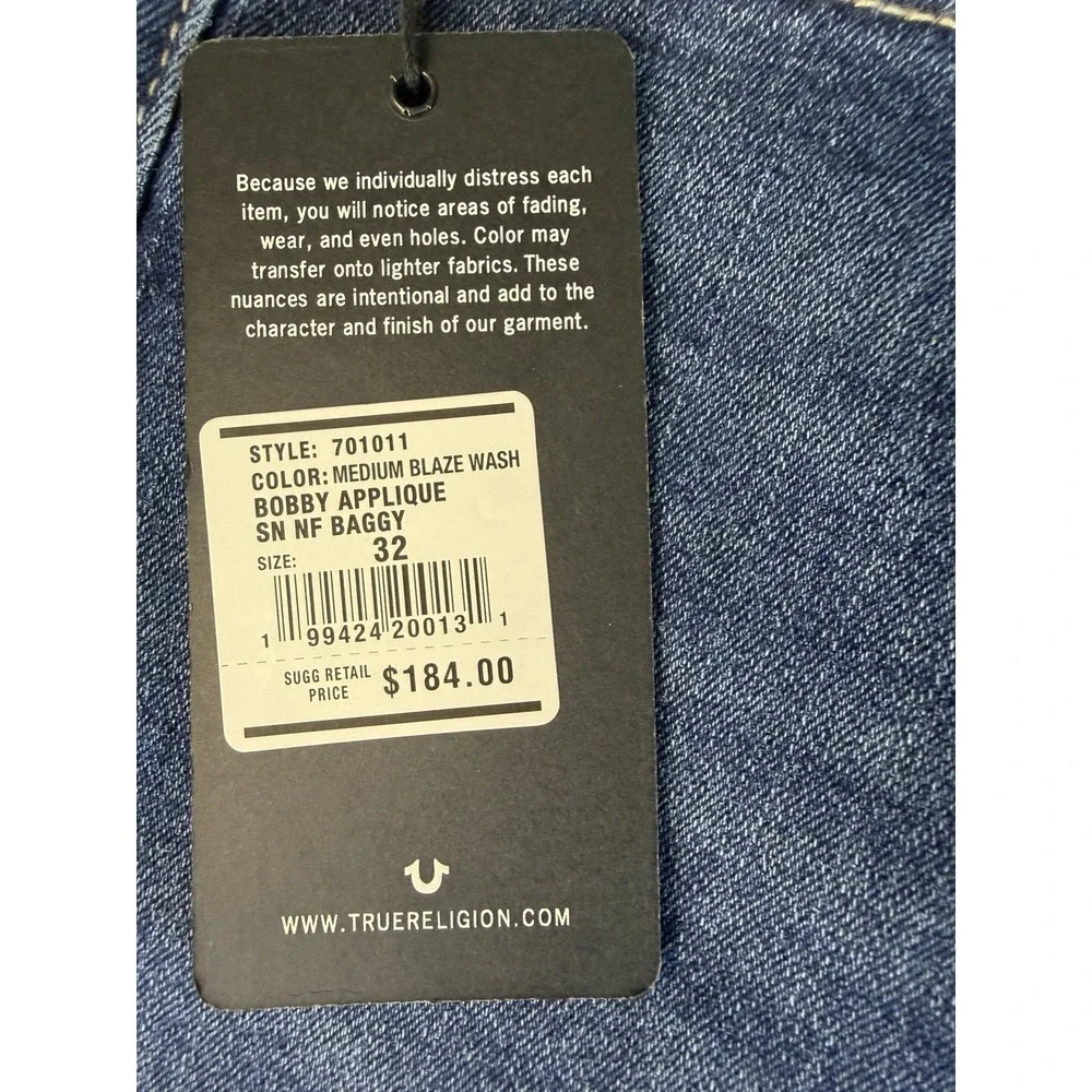 True Religion Bobby Applique Relaxed Baggy Jeans 32x32 Medium Blaze Wash New